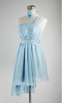 Single Shoulder Asymmetric Teal Chiffon And Satin Wedding Bridesmaid Dress KSP002