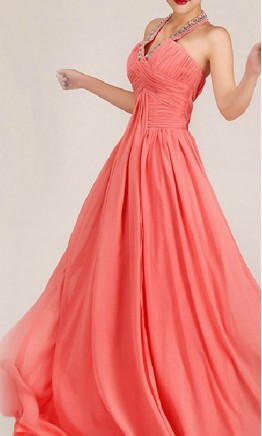 Sequined Halter Neck Coral Pink Empire Formal Dress KSP008