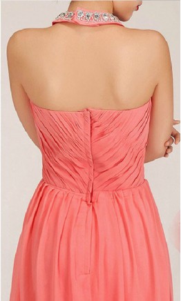 Sequined Halter Neck Coral Pink Empire Formal Dress KSP008