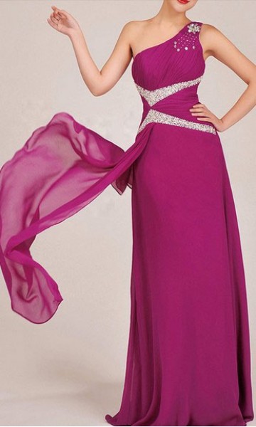 Plum Sequined One Shoulder A-line Evening Dress KSP027