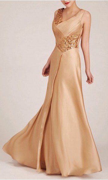 Gorgeous V-neck Golden Beaded Long Prom Dress KSP029