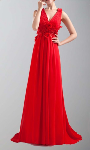 Floral V-neck Red Floor Length Prom Dresses KSP045