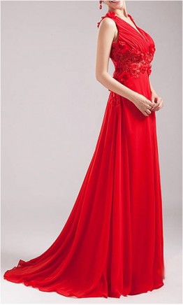 Floral V-neck Red Floor Length Prom Dresses KSP045