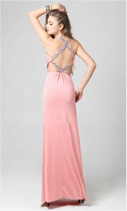 Pink Low V-neck Backless Evening Dress KSP047