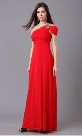 One Shoulder And Sleeve Red Formal Dress KSP057