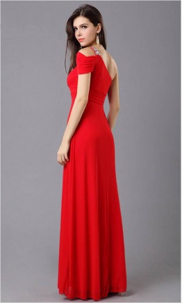 One Shoulder And Sleeve Red Formal Dress KSP057