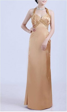 Gold Sequined Halter Evening Pageant Dresses KSP061