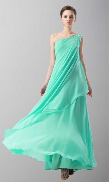 One Shoulder Long Aqua Chiffon Prom Dress KSP145