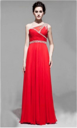 Vintage Beaded One Shoulder Red Long Prom Dresses KSP147