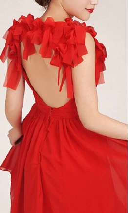 Red Chiffon V-neck Floral Open-Back Prom Dresses KSP006