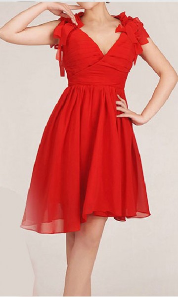 Red Chiffon V-neck Floral Open-Back Prom Dresses KSP006