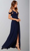 Dark Blue Off Shoulder Slit Sexy Maxi Prom Dresses 