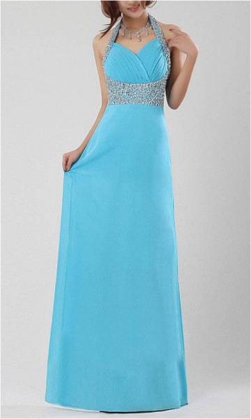 Blue Halter Long Beaded Prom Dress KSP124