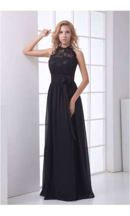 Halter Long Black Lace Formal Dress With Belt KSP212