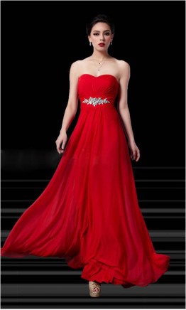 Red Beaded Strapless Chiffon Prom Dresses KSP133