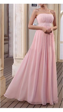 Pink Strapless A-line Long Chiffon Bridesmaid Dress KSP155