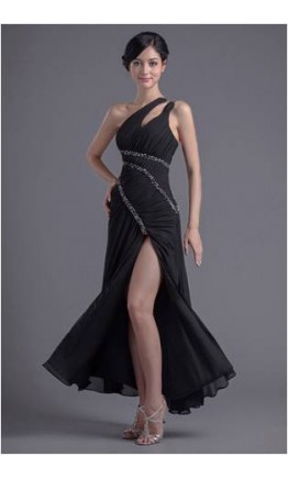 Side Slit Black Draped Long Prom Dresses KSP182