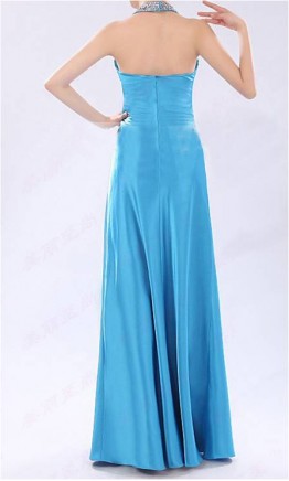 Sky Blue Halter Neck Floor Length Satin Prom Dress KSP168