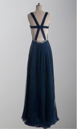 Blue Cross Back Side Cut Out Long Prom Dresses KSP302