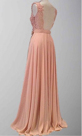 Pink Lace V-neck Sexy Open Back Long Prom Dresses KSP301