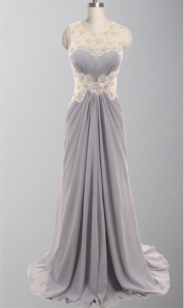 Round Gray Lace Flower Ruching Long Formal Dresses KSP304