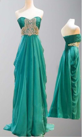 Green Ruffle Sweep Train Beading Prom Dresses KSP312