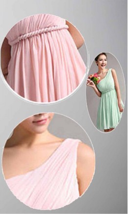 Braid Belt One Shoulder Short Pink Bridesmaid Dress Empire