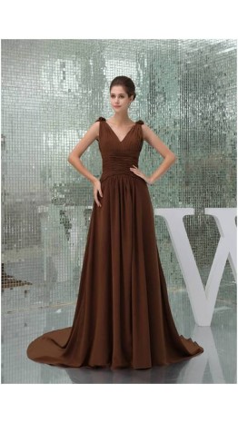 Goddess Pleated Brown Full Length V-neck Formal Dress KSP229