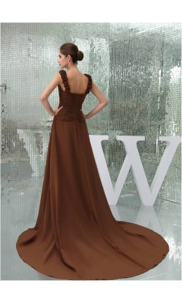 Goddess Pleated Brown Full Length V-neck Formal Dress KSP229