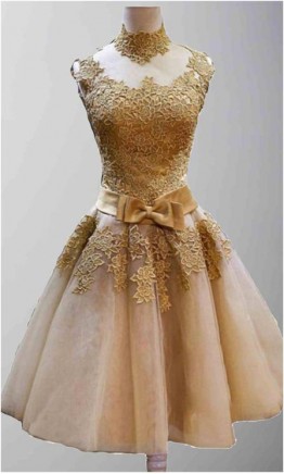 Golden Vintage Princess High Neck Short Prom Dresses KSP320