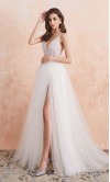 White Embellished Long Slit Prom Dresses with Straps KSP616