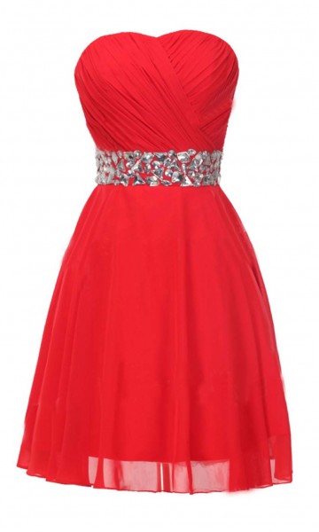 Sparkle Red Strapless Crystal Belt Short Prom Dress KSP365