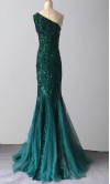 Green Sequined One Shoulder Fit and Flare Prom Dresses KSP622