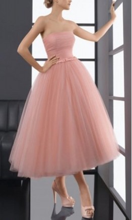 Pink Strapless Tea-Length Tulle Midi Prom Dresses with Bowknots KSP624