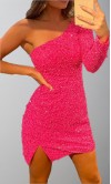 Hot Pink Sequined Short Graduation Dresses Long Sleeve KSP625