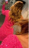 Hot Pink Sequined Short Graduation Dresses Long Sleeve KSP625