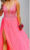 Girly Pink Applique Tulle Prom Gowns with Slit KSP627