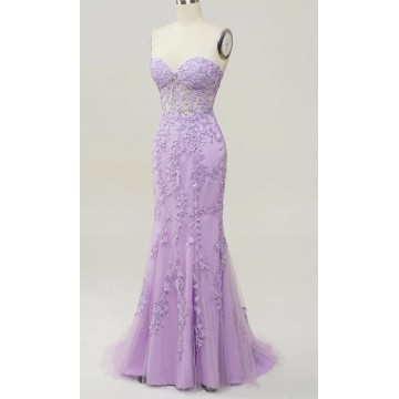 Lilac Purple Applique Corset Mermaid Prom Dresses String Back KSP632