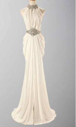 Sexy Ruffled Beaded High Neck White Long Prom Dresses KSP366