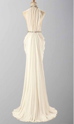 Sexy Ruffled Beaded High Neck White Long Prom Dresses KSP366