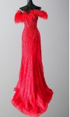 Feather Off Shoulder Neckline Appliqued Long Slit Prom Dresses KSP629