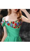 Asymmetric Flower Embroidery Ruched Satin Prom Gowns KSP637