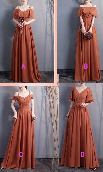 Long Chiffon Orange Burnt Bridesmaid Dresses