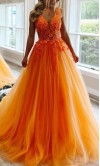 3D Flowers Orange Tulle Sheer Princess Prom Gowns KSP645