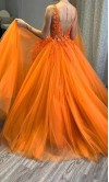 3D Flowers Orange Tulle Sheer Princess Prom Gowns KSP645