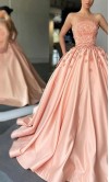 Straight Neck Floral Peach Princess Prom Gowns with Bowknot KSP642