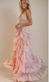 Sequined Tiered Lace Sheer Corset Pink Prom Gowns with Slit KSP650