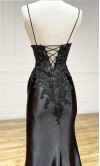 Black Spaghetti Straps Appliques Asymmetric Slit Prom Dresses KSP644