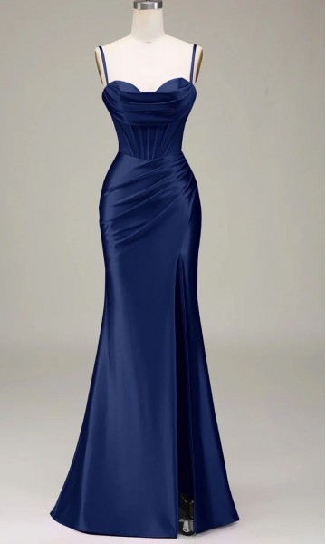 Navy Blue Satin Bustier Mermaid Prom Dresses with Spaghetti Straps KSP656