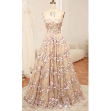 Floral Embellished Sheer Corset Prom Gowns KSP655